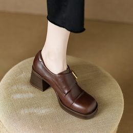 Office Brown Black Work Leather Shoes Women Fashion Buckle Lady Wedding Dress Shoe High Chunky Heel Oxfords 281