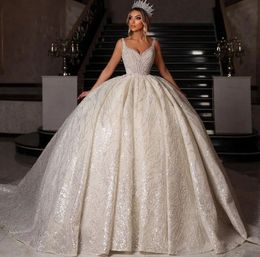 Luxury Ball Gown Wedding Dresses Sleeveless V Neck Straps Beaded Sequins 3D Lace Appliques Formal Dresses Ruffles Bridal Gowns Plus Size Vestido de novia Custom
