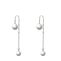 Stud Earrings Sterling Silver Pin Size Double-sided Pearl Feminine Temperament Simple Ear Thread Long Anti Allergy