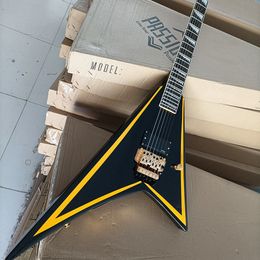 6 Strings Black V Electric Guitar with Yellow Stripe Floyd Rose Gold Hardware Rosewood Fretboard Customizable
