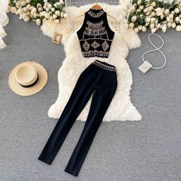 Women's Two Piece Pant Black Rivet Diamonds Set Sexy Halter Sleeveless Slim Short Tops High Waist Pencil Female Suits Summer 230209