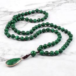 Pendant Necklaces Green Malachite Beaded Necklace Men Women Natural Stone Handmade Knotted Drop Jewelry Buddhist Prayer Gifts