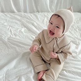 Clothing Sets 2657B Baby Clothes Waffle Small Pointed Collar Chest Suit Autumn Home Boy s or Girl s Leisure Top Pant 230209