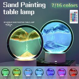 Decorative Objects Figurines 7 16 Colours LED Sand Painting scape Lamp 3D Moving Art Light Glass Flowing Hourglass Night Room Home Decor 230209