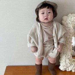 Clothing Sets Summer Baby Cotton Waffle Cardigan Boy Cute Bear Print Tops Pants 2pcs Girl Pp Suit Infant Clothes 230209