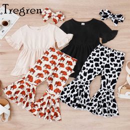 Clothing Sets Tregren Little Girls Pants Suit Kids Short Sleeve Ruffled Tshirt with BullCow Pattern Flare Pants Headband 3pcs Clothes Sets W230210