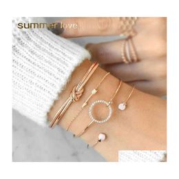 Bangle 4Pcs/Set Mtilayer Knot Arrow Crystal Open Cuff Bracelet Set For Women Sier Gold Plating Adjustable Wire Fashion Jewelry Drop Dhptz