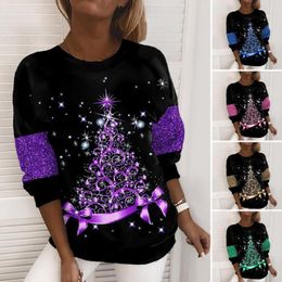 Women's Blouses Women Sweatshirt Christmas Tree Printing Stretchy Crew Neck Long Sleeve Lady Shirt Loose-fitting Dress Up Top