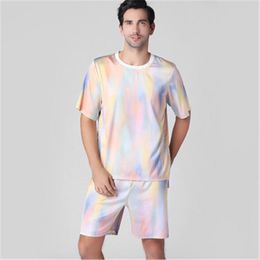 Men's Sleepwear Short Sleeve Pyjamas Set For Men 2023 Simplicity O Neck Silk Suits Male Fashion Gradient Colour Homewear RM50287