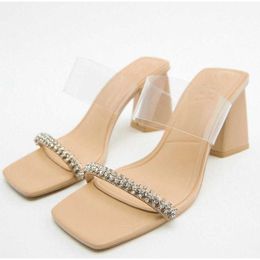 Women Thick Heel High Fashion 2022 Summer New Sandals Solid Square Open Toe Rhinestone Transparent Strap Slip-On Slippers T230208 932
