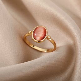 Solitaire Ring Red Opal s For Women Stainless Steel Gold Color Finger Couple Wedding Band Vintage Aesthetic Jewelry anillos mujer Y2302