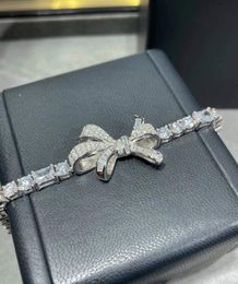 Elegant Ice Diamond Tilda Bow Bracelet Female 925 Sterling Silver Zircon Chain Jewellery Wedding Crystal Bow Knot Tennis Bangle
