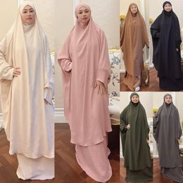 Ethnic Clothing Ramadan Muslim Traditional Prayer Clothes Set Solid Colour Hooded Turban Abaya Vest Maxi Dress 2 Pieces Islam Niqab Burka