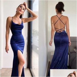 Prom Dresses 2022 Silk Like Satin Ruched Sleeveless Halter Y Backless Evening Gowns Long Bridesmaid Maid Of Honour Dress Drop Deliver Dhso6