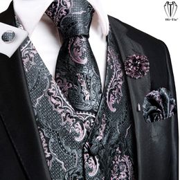 Men's Vests Hi-Tie High Quality Silk Mens Vests Pink Grey Floral Waistcoat Tie Hanky Cufflinks Brooch Set for Men Suit Wedding Office Gift 230210