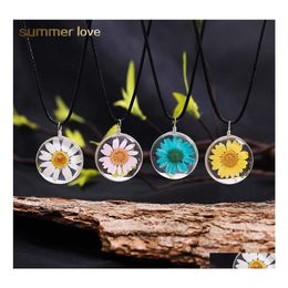 Pendant Necklaces Sale Transparent Dried Flower Glass Leather Necklace For Women Made With Love Pink Blue Long Gift Card Drop Delive Dh0X7