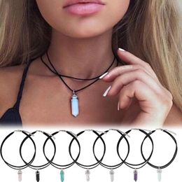 Pendant Necklaces Natural Reiki Chakra Necklace Crystal Hexagonal Pointed Stones Women Black PU Leather Choker Statement NecklacePendant