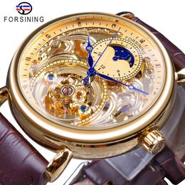Forsining 2018 Royal Golden Skeleton Display Blue Hands Brown Genuine Leather Belt Mens Mechanical Wristwatches Clock Male239V