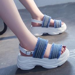 Dress Shoes Women Chunky Sandals Summer British Style Platform Casual Open Toe Designers Woman Wedge Fashion Sandal Ladies Blue 2023