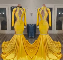 Siyah kızlar için sarı altın balo elbiseleri Afrika parti elbise uzun kolu özel gün akşam elbisesi deniz kızı robe de femme mariage 0210
