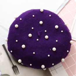 Berets Tianjima Wool Women Winter Luxury Pearl Rivet Vintage Cashmere Female Warm Beret Hats Girls Flat Cap For