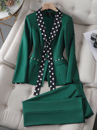 Womens Two Piece Pants Elegant Black Green Purple Formal Jacket And Pant Suit Blazer Women Female Office Ladies Business Work Wear 2 Set 230209