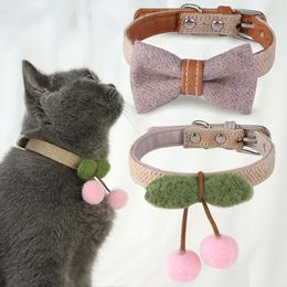 Dog Collars Pet Cat Collar Bowtie Necklace Hand-Woven Puppy Handmade Woven Cherry Pattern Product Supplies 22-32cm