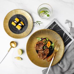 Plates Black Big Gold Rim Porcelain Dish Plate Dinner Ceramic Steak Cake Salad Soup Bowl Dinnerware Set For Restaurant