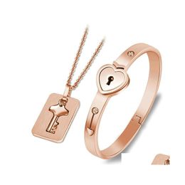 Bracelet Necklace Concentric Lock Key Jewellery Set Titanium Steel Stainless Couple Sets Drop Delivery Dhvnk