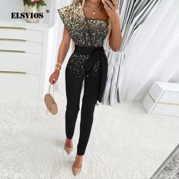 Women's Jumpsuits Rompers Autumn Jumpsuit Women Fashion Sequins Patchwork Short Sleeve Slim Bodycon Outfits Lady Elegant Sexy Party Overalls 230209