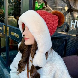 Beanies Beanie/Skull Caps Winter Knitted Hat Women Warmth Ear Protection Beanie Girls Plush Ball Bomber Snow Hats Outdoor Cap Dropship