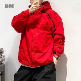 Men's Jackets American Streetwear Fashion Hip Hop Hooded Cargo Jacket Men Clothing Japanese Harajuku Casual Hiking Korean Red Coat