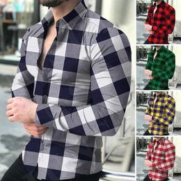 Men's Casual Shirts Plaid Print Men Shirt Lapel Long Sleeve Office Bright Color Temperament Male Social Slim Fit Button Down