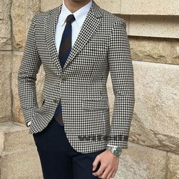 Mens Suits Blazers Houndstooth Plaid Casual Blazer for Men Suit Jacket with 2 Side Slit Slim Fit Male Coat Fashion Clothes Arrival 230209