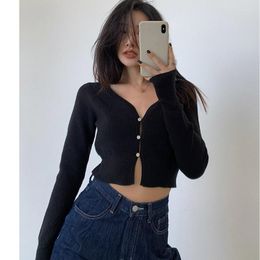 Women's T Shirts Autumn Sexy Slim Chic Cropped Cardigan Women V-neck Solid Simple All-match College Basic Ladies Korean Style