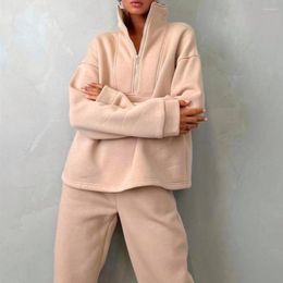 Women's Two Piece Pants 2 Pcs/Set Winter Tracksuit Solid Colour Loose Half Open Collar Long Sleeves Pullover Ankle-banded Sweatshirt Set For