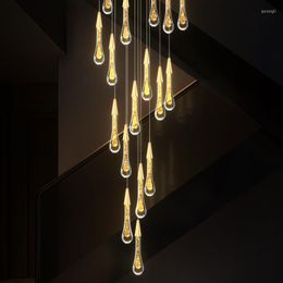 Pendant Lamps Modern LED Crystal Chandelier Duplex Loft Spiral Staircase Interior Lighting Creative Water Drop Gold Hanging Light