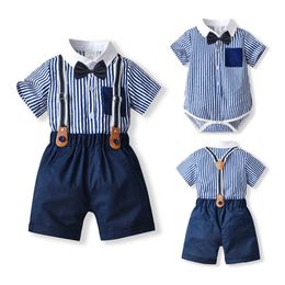 Clothing Sets 2023 Kids Clothes Boys For Baby Birthday Outfits Costume Children Gentleman Clothing Set Striped Romper Navy Overall Shorts Suit W230210