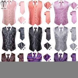 Mens Vests HiTie Brand Silk Grey Black Gold Navy Blue Red Burgundy Jacquard Waistcoat Jacket NeckTie Hanky Cufflinks for Men 230209