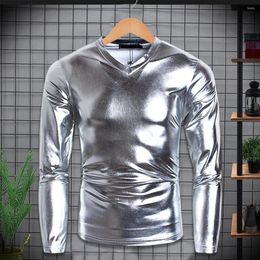 Men's T Shirts Men T-shirt Glossy Appearance Solid Colour Long Sleeve Top V Neck Slim Fit Nightclub Party Performance Costumes