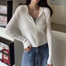 Women's Knits & Tees Autumn Women Hooded Cardigans Purple/White/Gray Long Sleeve Zipper Sweater Elegant Slim Short Knit Tops Fashion Blusas