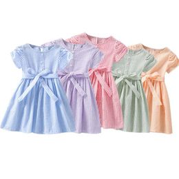 Girl Dresses 1-6Years Princess Infant Kid Baby Striped Short Sleeve WIth Belt Dress Outfits Girl's