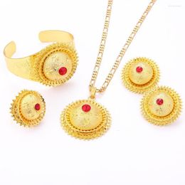 Necklace Earrings Set Gold Color Ethiopian Pendant Earring Ring Bangle With Bule Green Red Stone