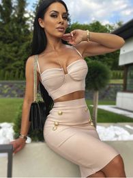 Two Piece Dres Summer Sexy Sleeveless V Neck Button Beige Pink Mini Bodycon Bandage Set 2023 Elegant Evening Club Party Outfits 230209