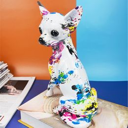Decorative Objects Figurines Nordic Colourful Graffiti Sculpture Chihuahua Dog Modern Statue Painted Bulldog Office Living Room Creative Ornament 230209