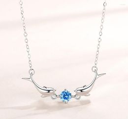 Pendant Necklaces Silver Colour Zircon Double Dolphin Charm Pendants Choker Statement Jewellery For Women Gift Colar Dz096