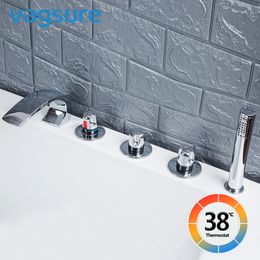 Thermostatic Bathtub Mixer Tap Solid Brass Cold and Hot Waterfall Inlet Valve Control Deck Mounted Bath Mixer Cascade Outlet Faucet 2 or 3 Output G1/2" Pipe Round Shape