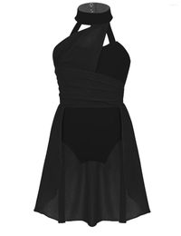 Stage Wear Girls Chiffon Ballet Leotard Mock-Neck Cutout Back Lyrical Dance Dress Costumes For Contemporary Latin Wrap Skirt