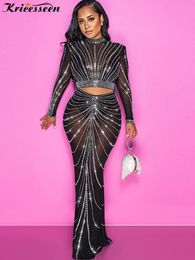 Two Piece Dress Kricesseen Sexy Black Shine Crystal Sheer Skirt Set Women Long Sleeve Top And Maxi Suits Night Clubwear 230209