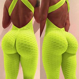 Women's Jumpsuits Rompers Sexy Women Cross Backless Fitness Romper Playsuit Mesh Female High Waisted Jumpsuit Combinaison Femme Hollow out Bodysuit 230210